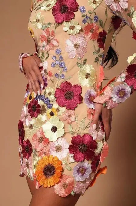 Sweet-Style Half-Turtleneck 3D Flower Package Hip Straight Long-Sleeve Mini Dress