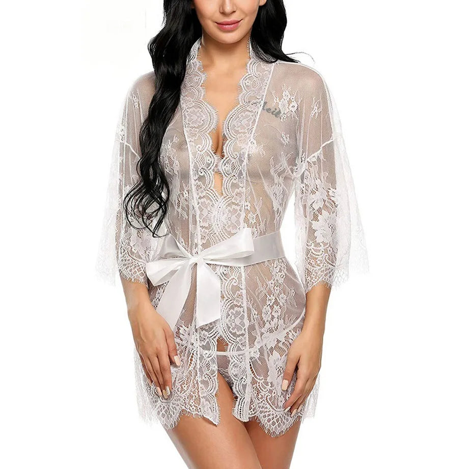 Sexy Lace Nightgown Robe Set for Women Sheer V Neck Lingerie Babydoll Dress with Kimono Gown and Thong Six Elegant Styles