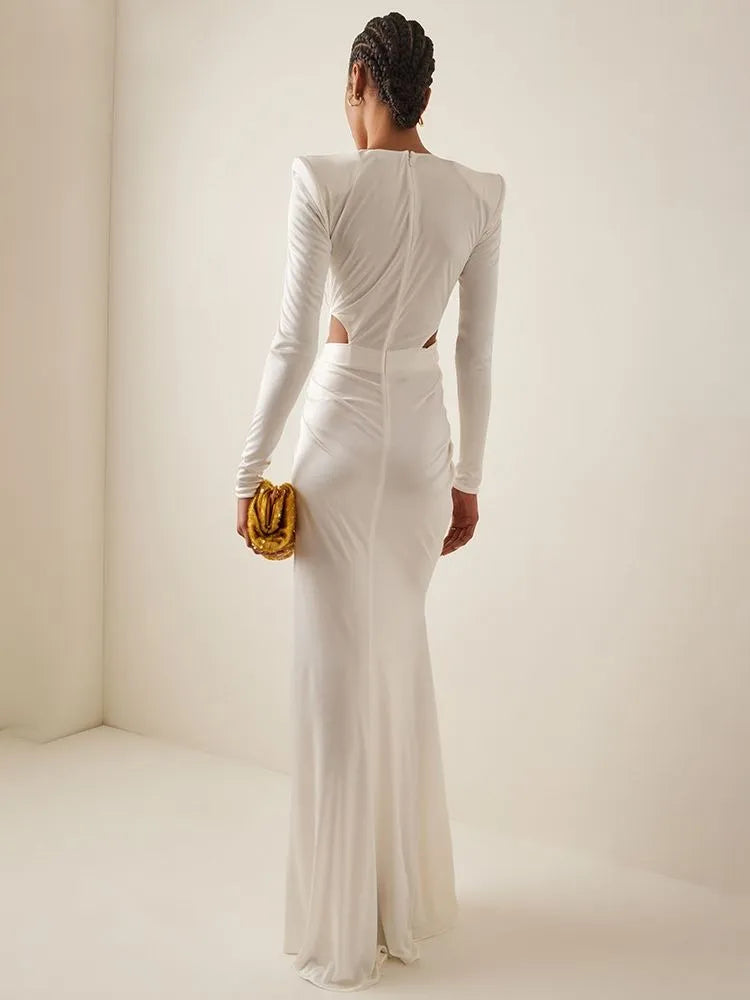 Long-Sleeve V-Neck Pleated Evening Dress