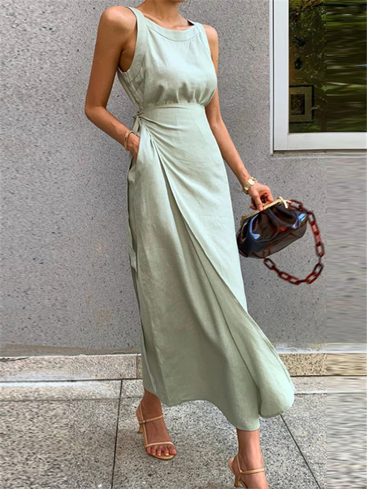 REALEFT Vintage Lace-Up Maxi Sashes Sleeveless Female Tank Beach Dress
