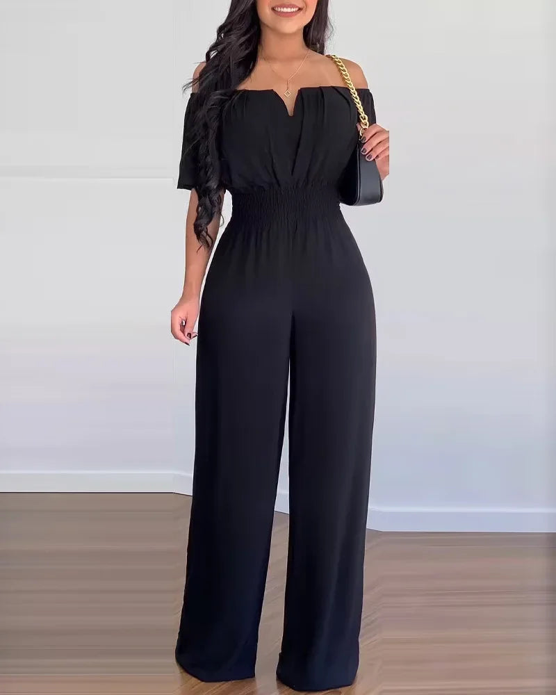 Off-Shoulder Shirred-Waist Wide-Leg Jumpsuit