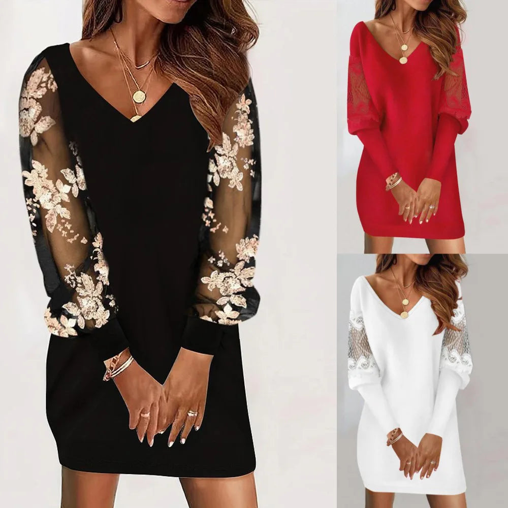 Lace Casual Spliced Lantern Sleeve Party Mini Dress