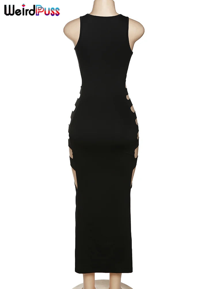 Sleeveless Split Solid Skinny Stretch Maxi Bodycon Clubwear