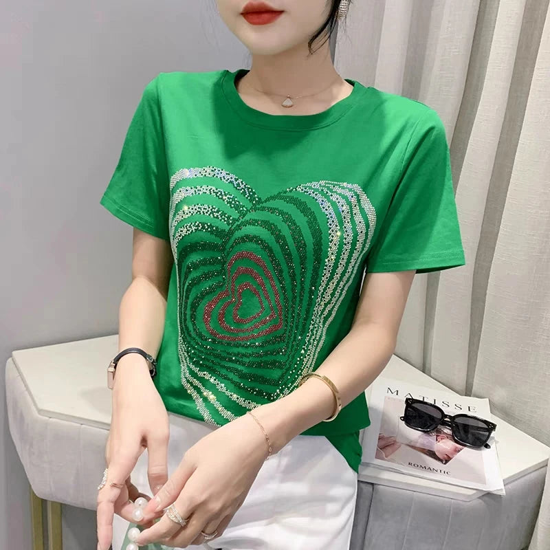 O-Neck Heart-Shaped Hot Diamond Top