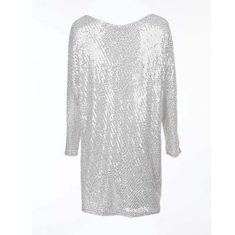 Slim-Fit Sequined Long-Sleeve Off-Shoulder Slash-Neck Party Mini Dress