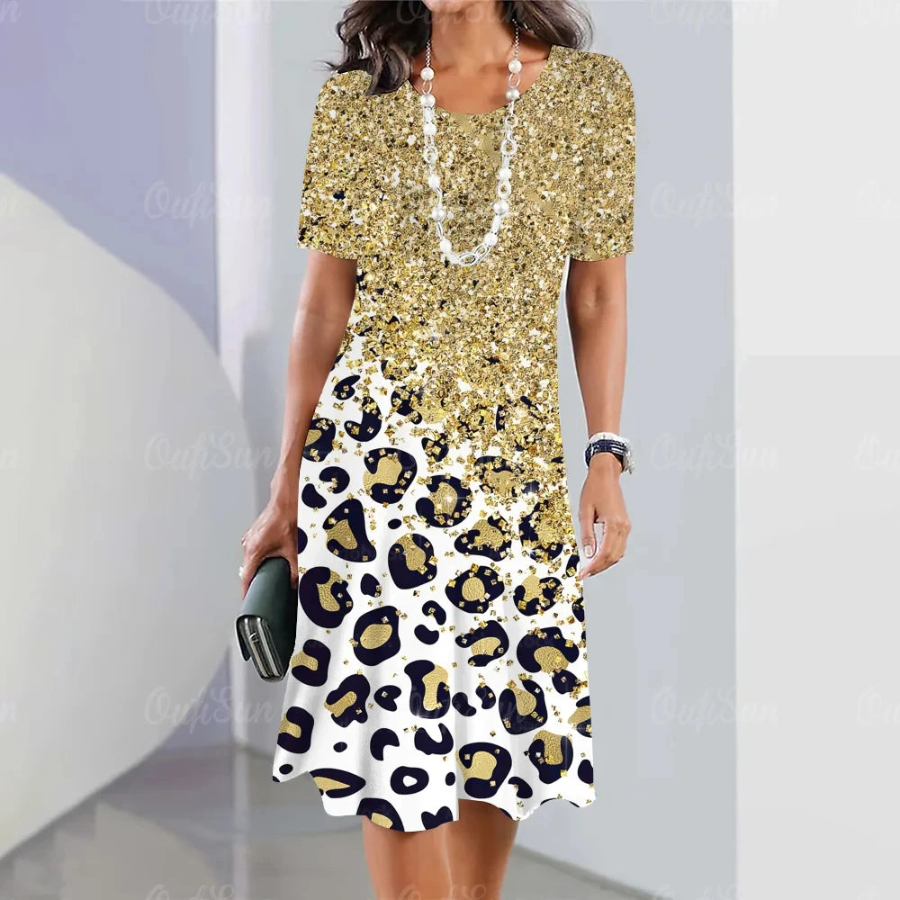 Leopard Print O-Neck Midi Dress