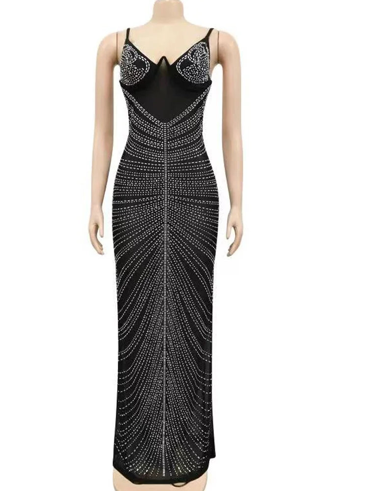 Beyprern Gorgeous Black Mesh Rhinestone Underwire Mermaid Dress