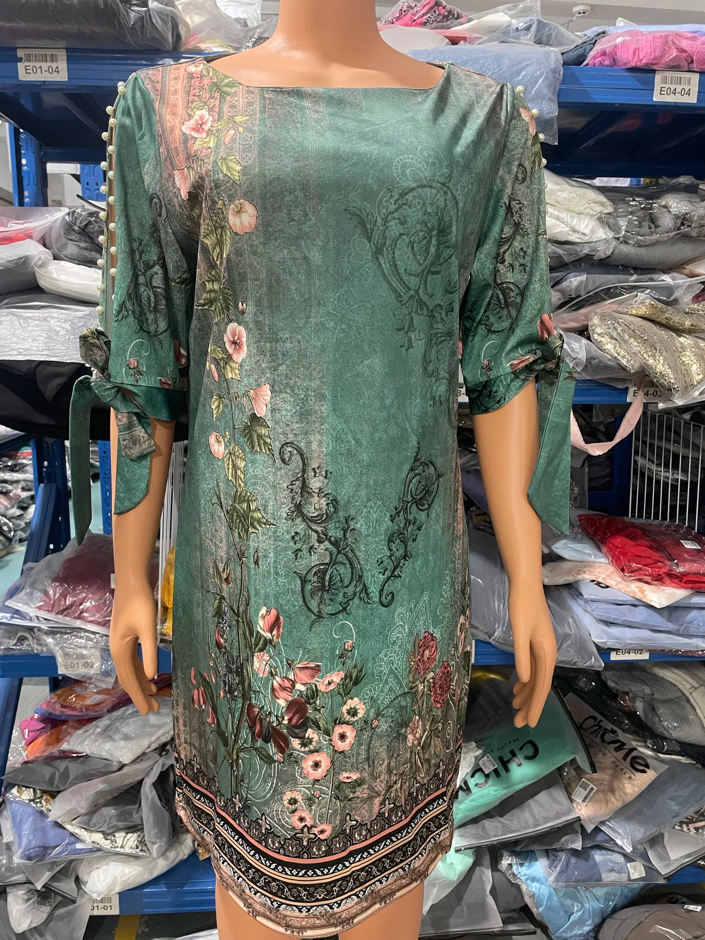 Floral Tribal Print Split-Sleeve Pearls Decor Casual Vacation Straight Mini Dress