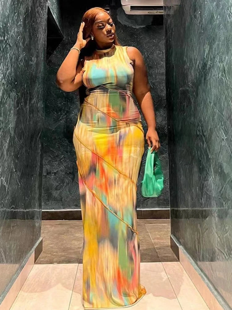 Kliou Aesthetic Colourful Tie-Dye Bodycon Maxi Dress