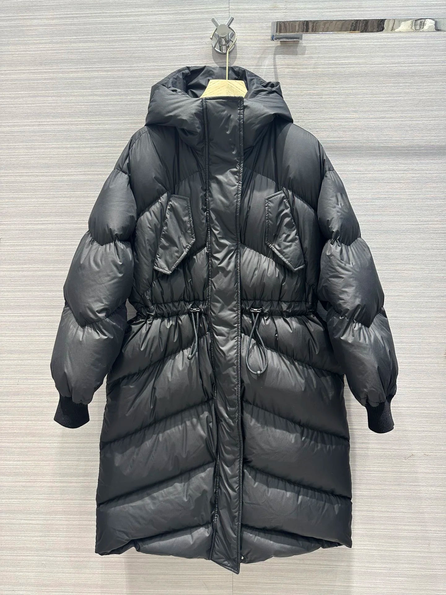 Hooded Drawstring-Waist-Design Long Down Winter Jacket