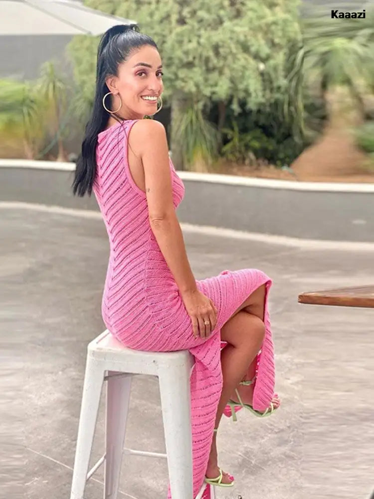 Double-Split Mesh Knitted Round-Neck Sleeveless Vest Dress