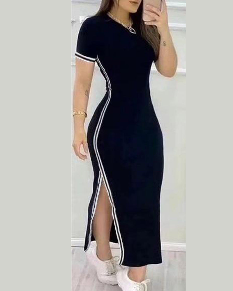 Striped High-Slit Casual O-Neck Maxi Dress