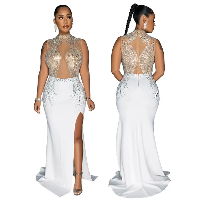 Round-Neck High-Slit Solid-Colour Hot Diamond Party Long Dress