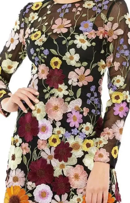 Sweet-Style Half-Turtleneck 3D Flower Package Hip Straight Long-Sleeve Mini Dress