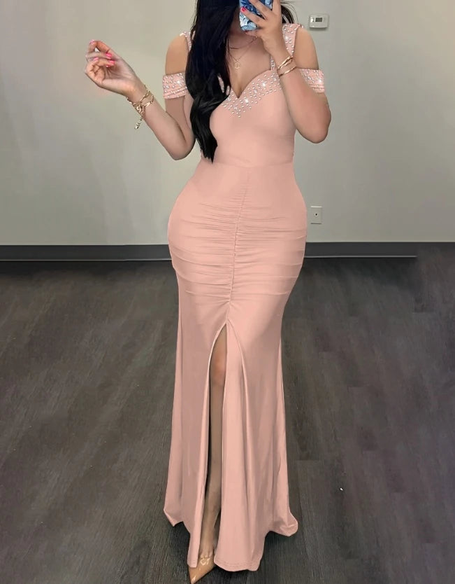 Rhinestone Cold Shoulder Slit Ruched Elegant Party Dress