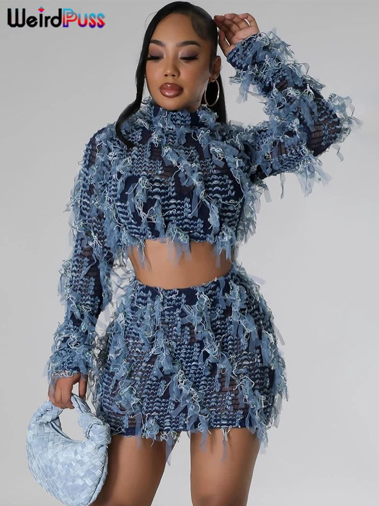 Two-Piece Club Wear Set - Elastic Tassel Thin Crop Top + Skinny Skirt