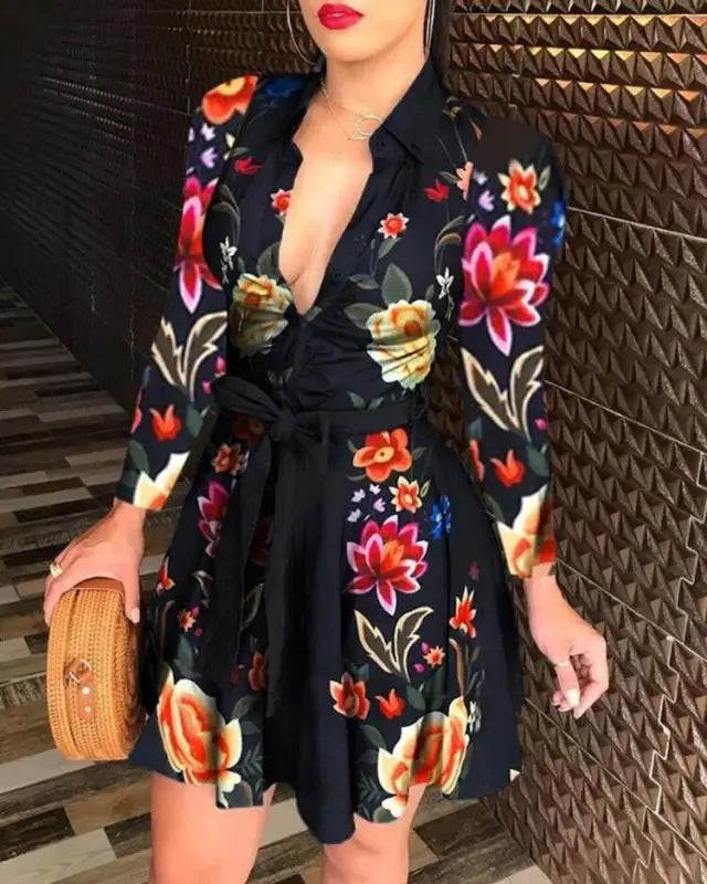Casual Long-Sleeve Dress With Buttons & Lapels