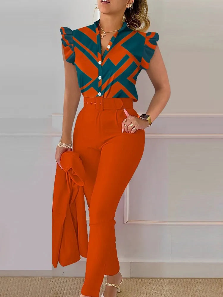 Women's Printed Lotus Leaf Sleeveless Shirt Suit