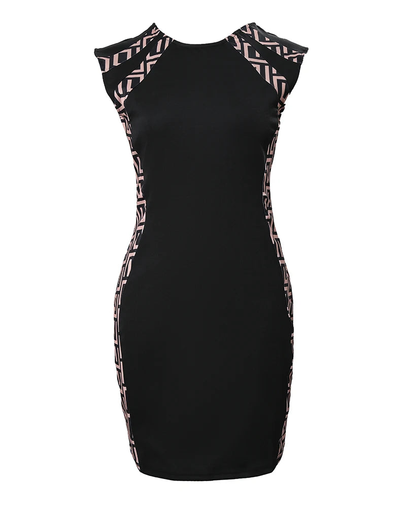 Geometric Print Round-Neck Sleeveless Bodycon Dress
