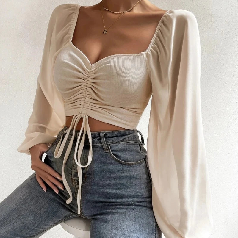 Puff-Sleeve Close-Fitting Lace-Up Top