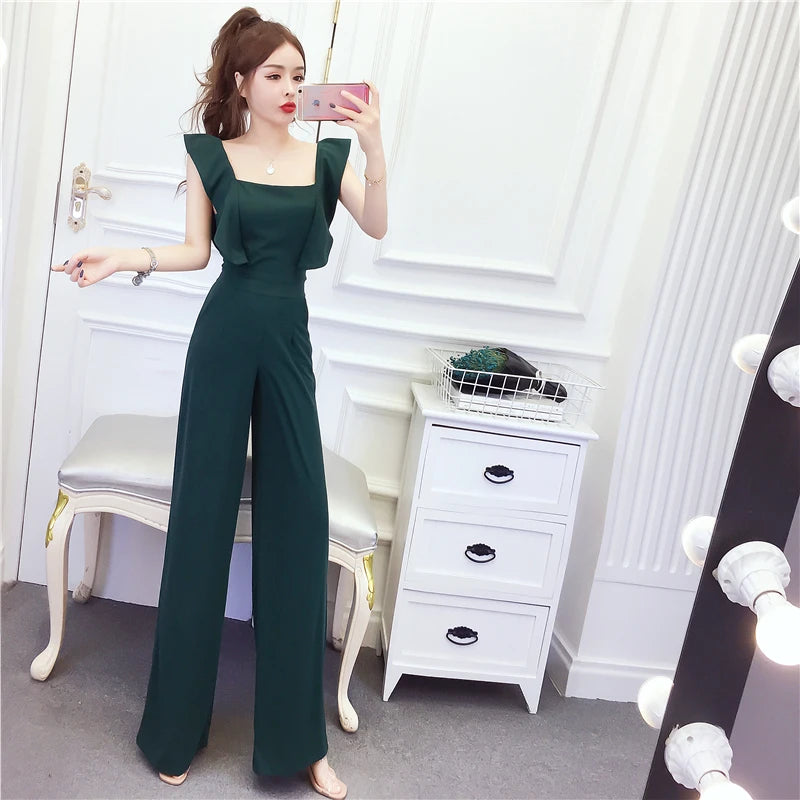 Sleeveless Square-Collar Ruffles Wide-Leg Pants Jumpsuit