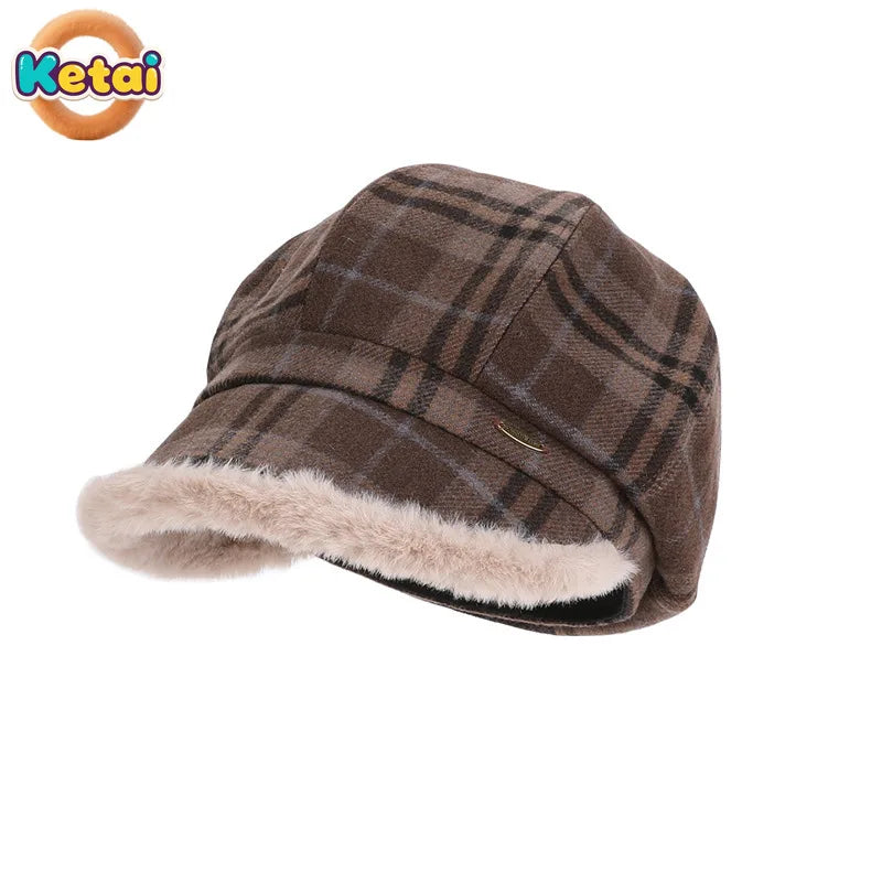 Vintage Plaid Plush Warm Octagonal Hat
