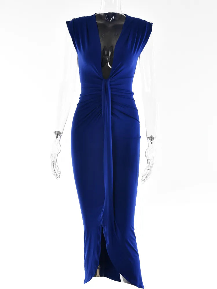 Fantoye Deep V-Neck Ruched Sexy Sleeveless Maxi Bodycon Dress
