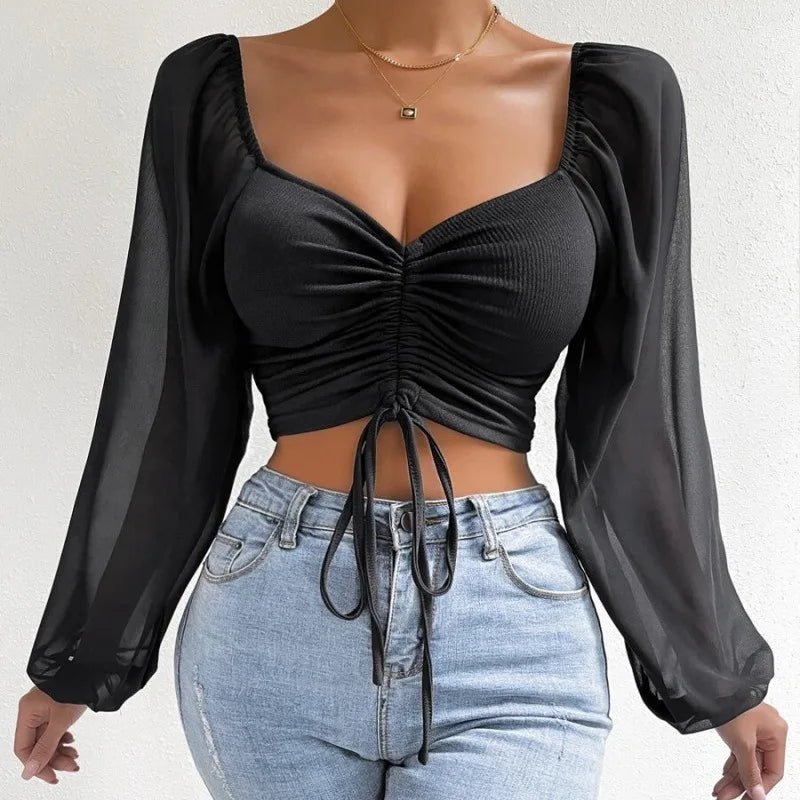 Puff-Sleeve Close-Fitting Lace-Up Top