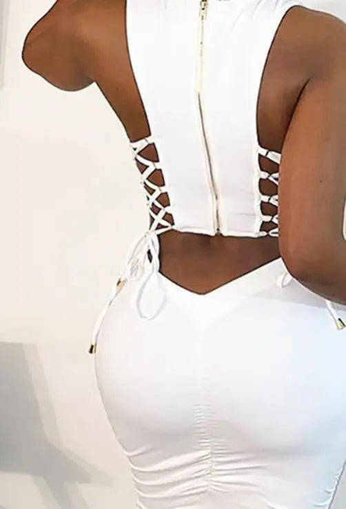 Cut-Out Lace-Up Zipper Design Sleeveless Midi Bodycon Dress