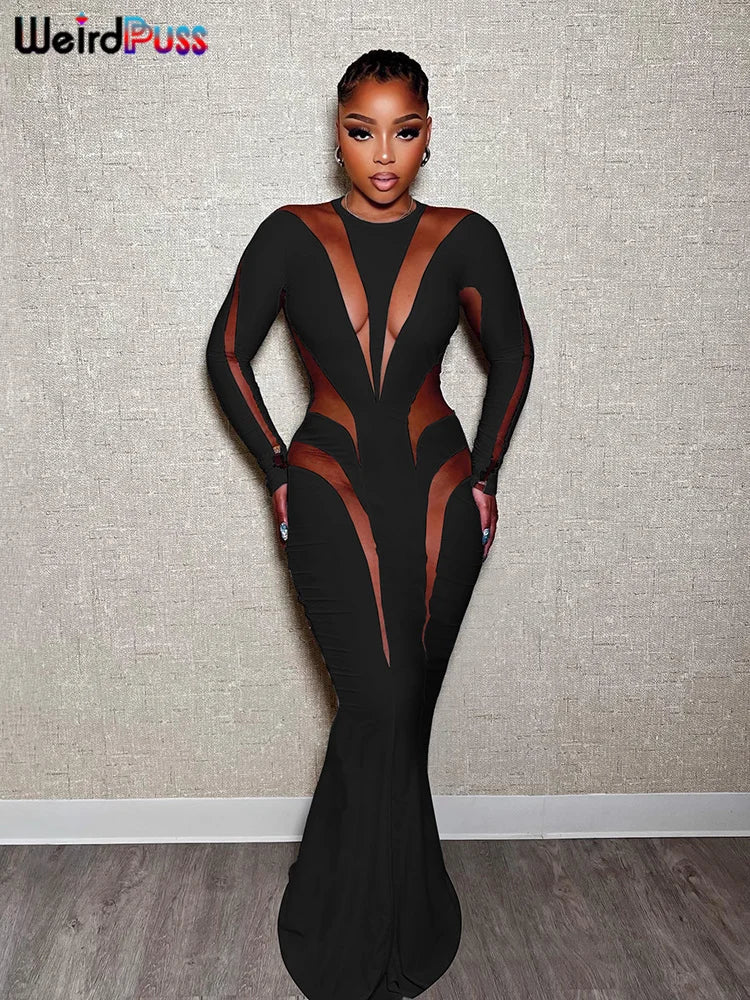 Mesh Patchwork Elegant Long-Sleeve O-Neck Maxi Bodycon