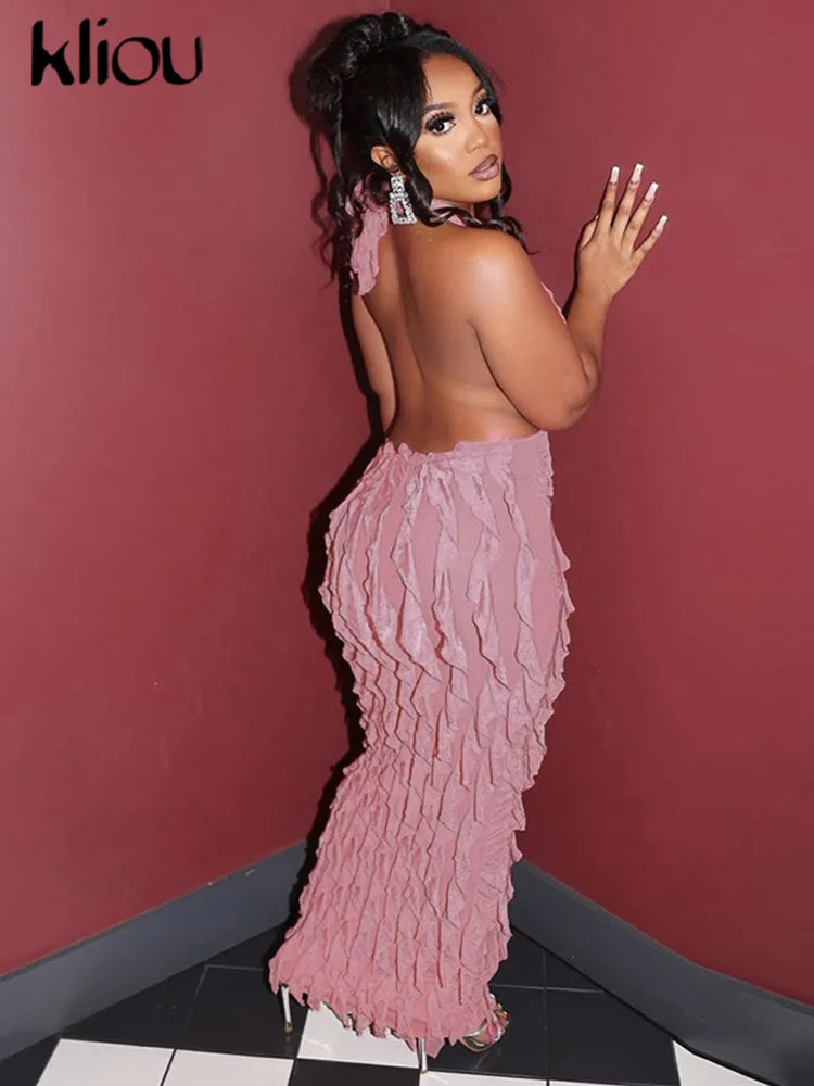 Kliou Solid Elegant Halter Maxi Dress - Sexy Cleavage Deep V-Neck Backless Skinny Robe