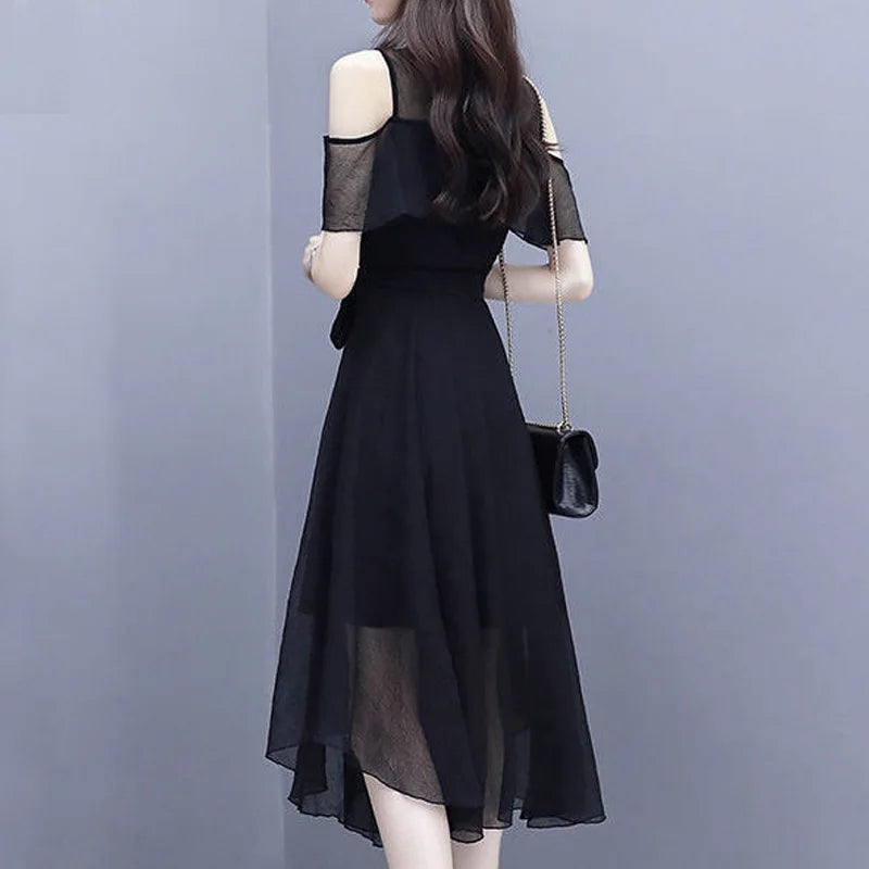 Elegant Fashion V-Neck Zipper Off-Shoulder Short-Sleeve A-Line Dress