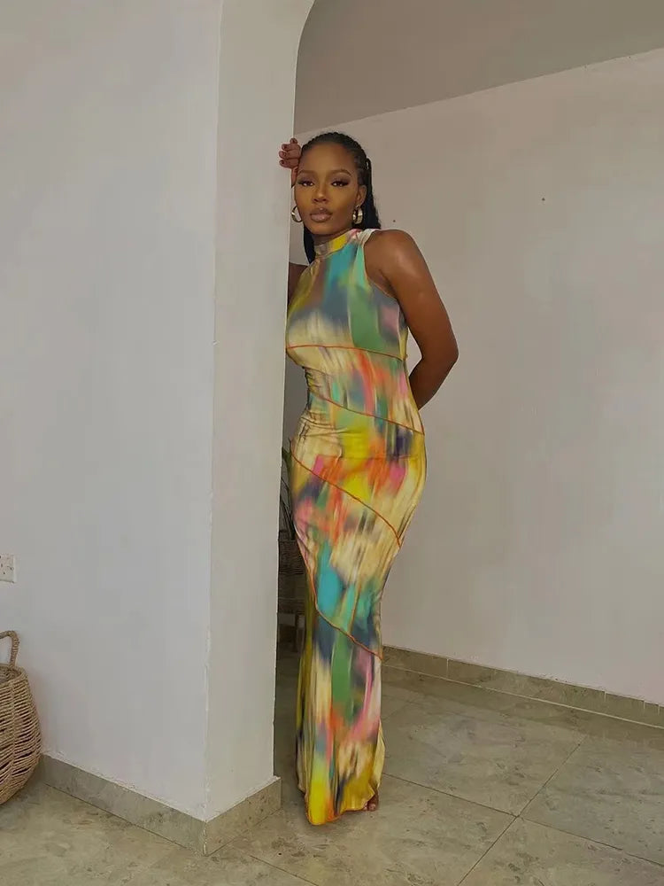 Kliou Aesthetic Colourful Tie-Dye Bodycon Maxi Dress
