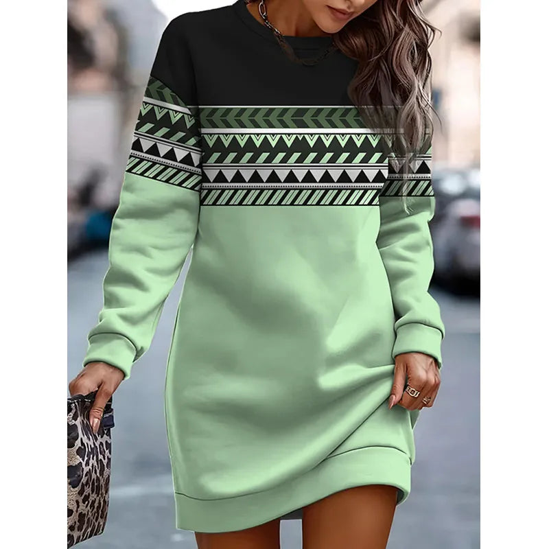 Fashion Print Contrast Round-Neck Sweater Dress