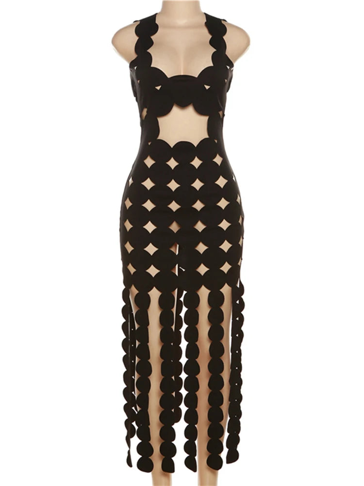Black Backless Hollow-Out Hole Tassel Sexy Maxi See-Through Dress