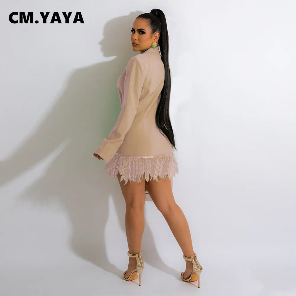 CM YAYA Elegant Long-Sleeve Notched Neck Feather Tassel Hem Blazer-Style Dress