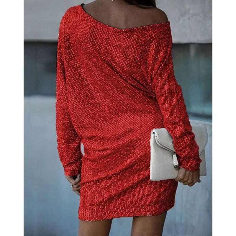Slim-Fit Sequined Long-Sleeve Off-Shoulder Slash-Neck Party Mini Dress