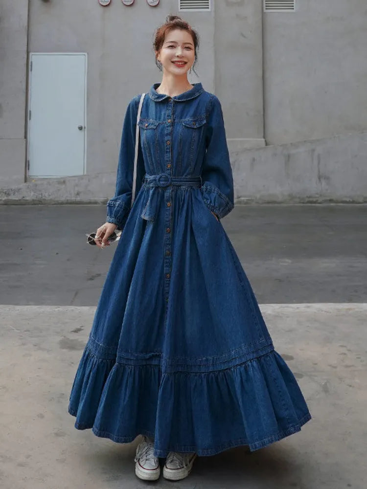 French Retro Denim Robe - Solid Large-Skirt Hem Long Dress