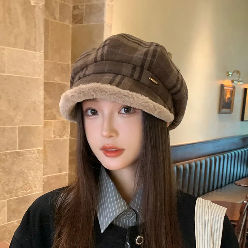 Vintage Plaid Plush Warm Octagonal Hat