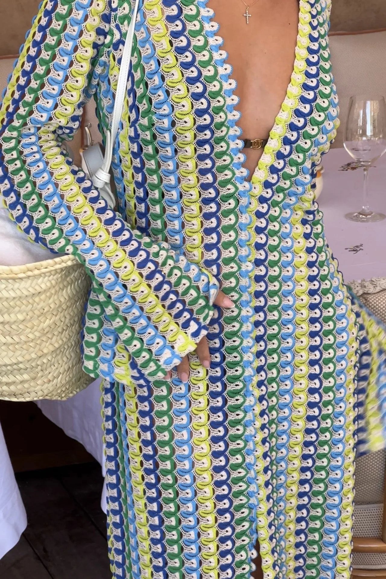 Crochet Colourful Stripe Maxi Women's Dress - Flare-Sleeve V-Neck High-Split Sexy Long Dress