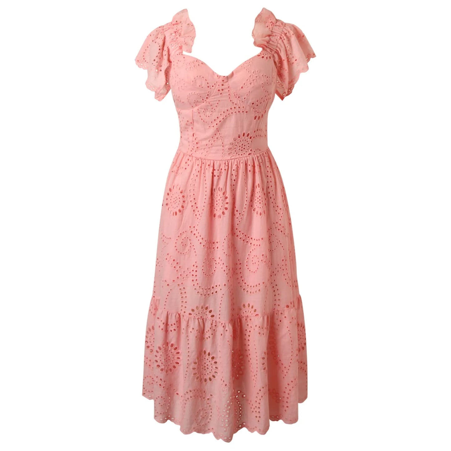 Off-Shoulder Ruffled Solid-Colour Hollow-Out Dress
