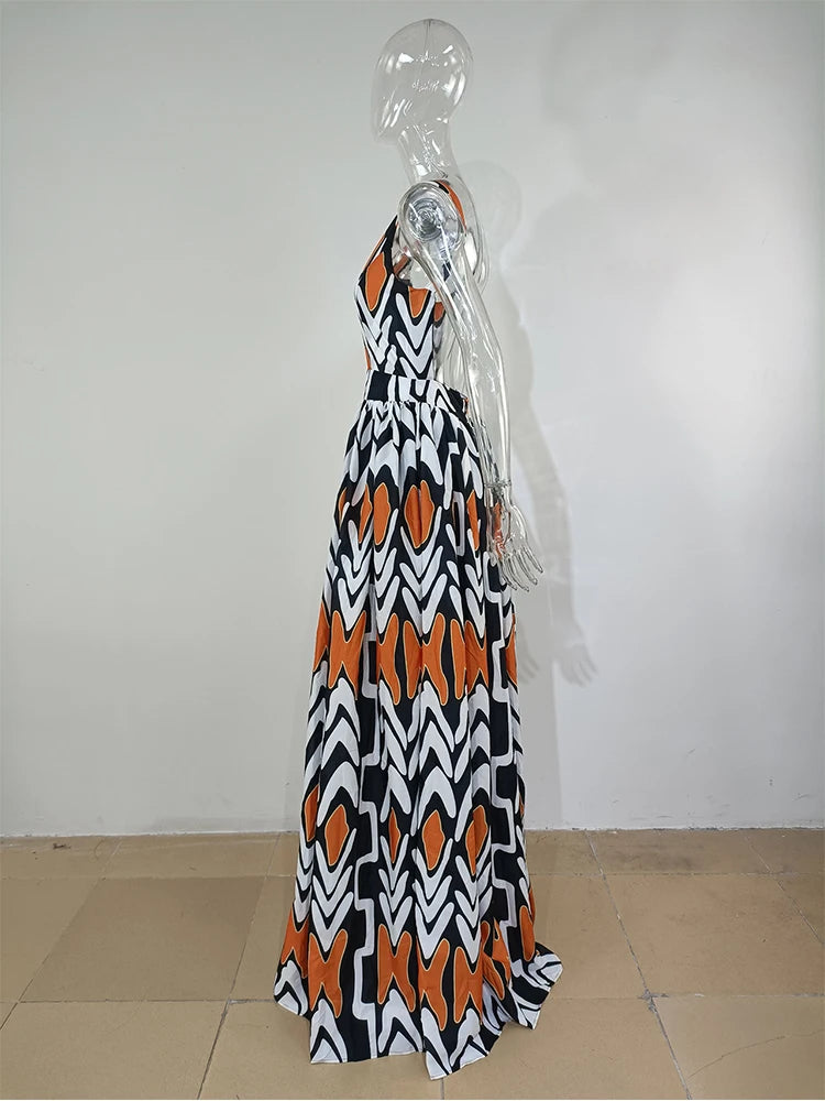 Backless Boho Print Big Swing Maxi Dress