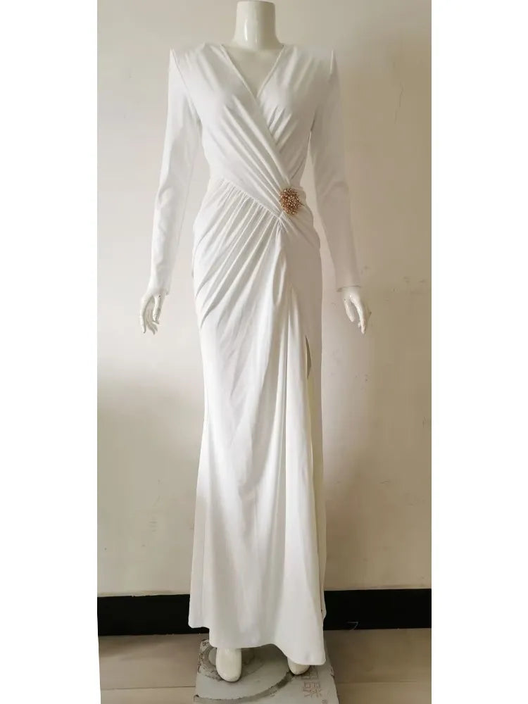 Long-Sleeve V-Neck Pleated Evening Dress