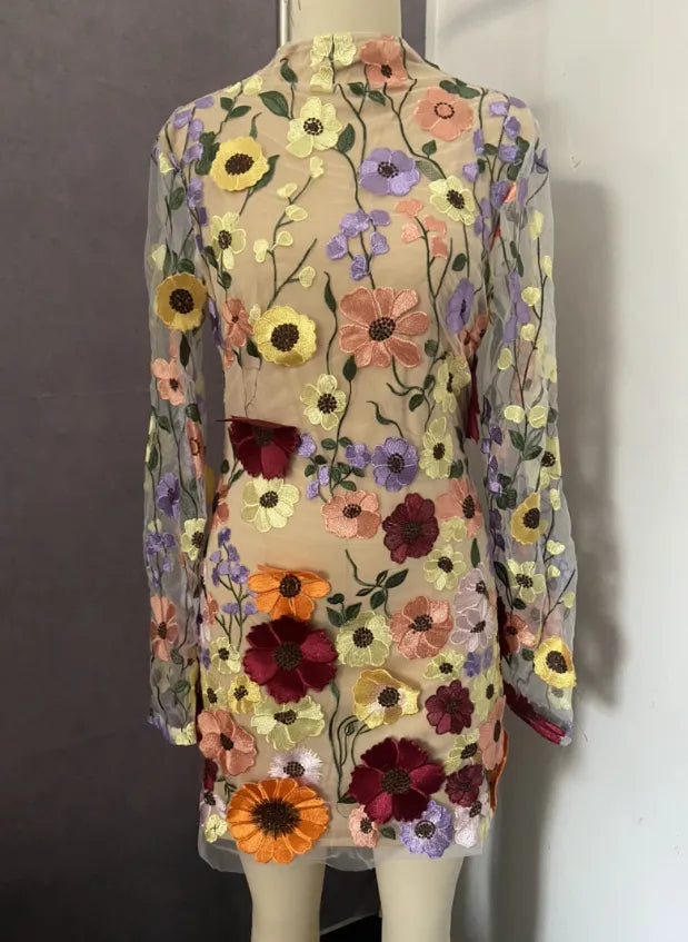 Sweet-Style Half-Turtleneck 3D Flower Package Hip Straight Long-Sleeve Mini Dress
