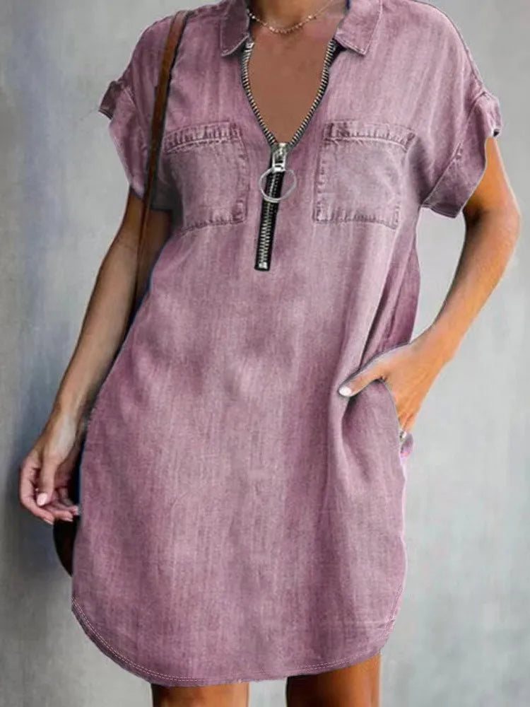 Short-Sleeve Turn-Down Collar Zipper Loose Dress - Imitation Denim