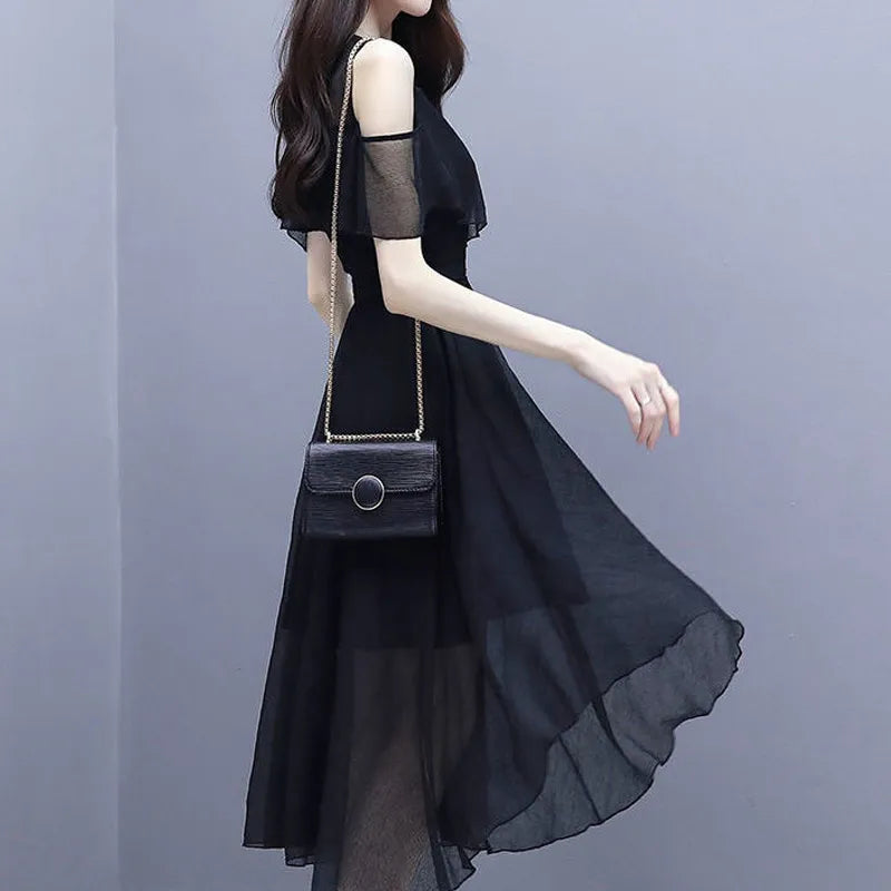 Elegant Fashion V-Neck Zipper Off-Shoulder Short-Sleeve A-Line Dress