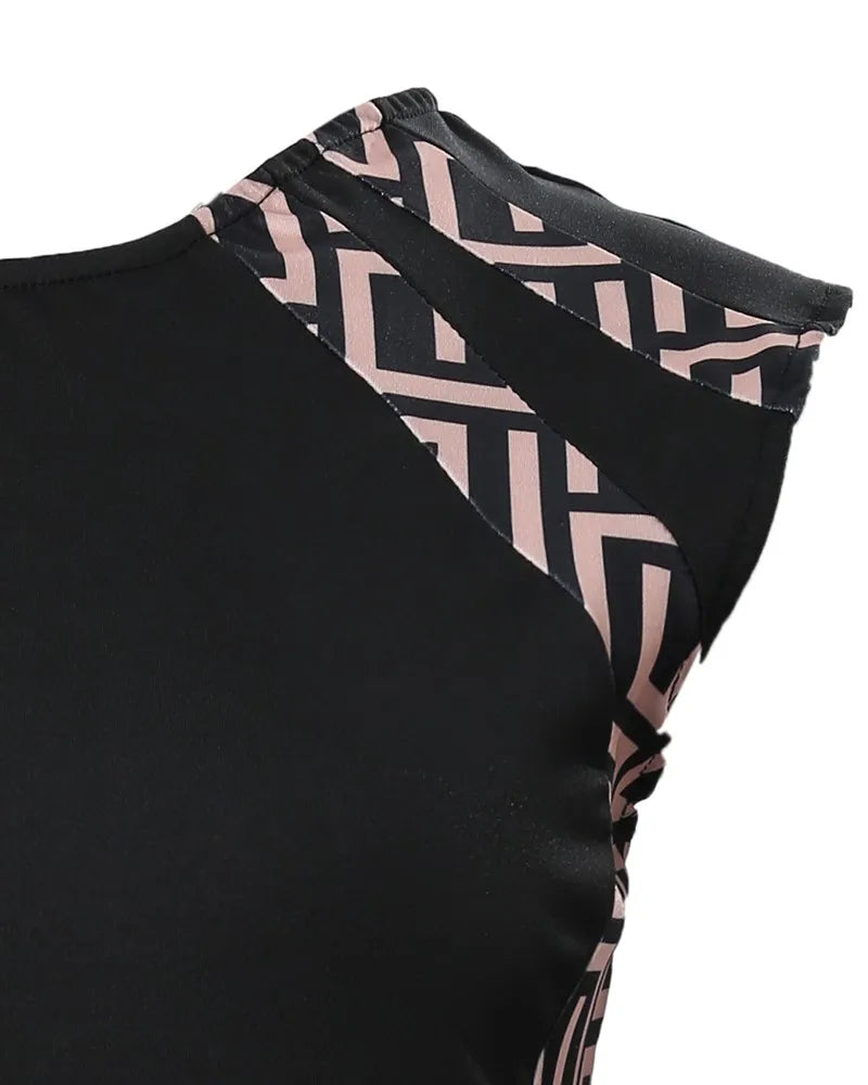 Geometric Print Round-Neck Sleeveless Bodycon Dress