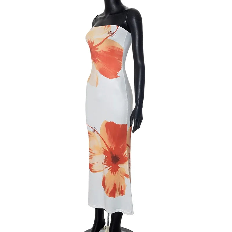 Cutenova Flower Printed Tubeless Long Dress