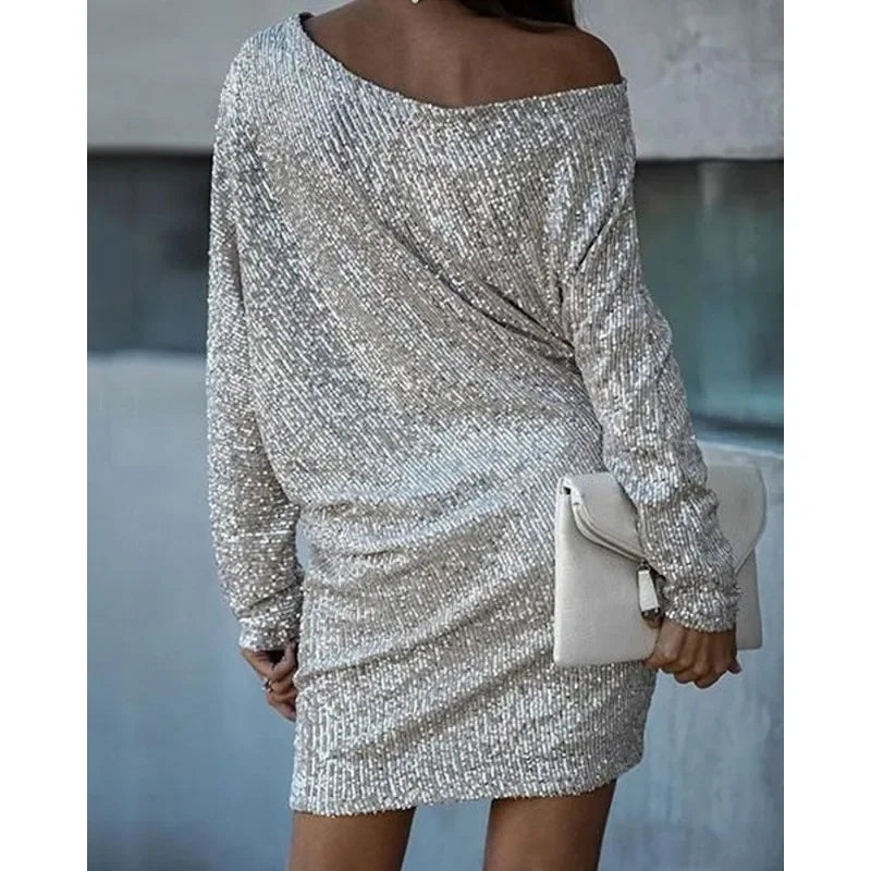 Slim-Fit Sequined Long-Sleeve Off-Shoulder Slash-Neck Party Mini Dress