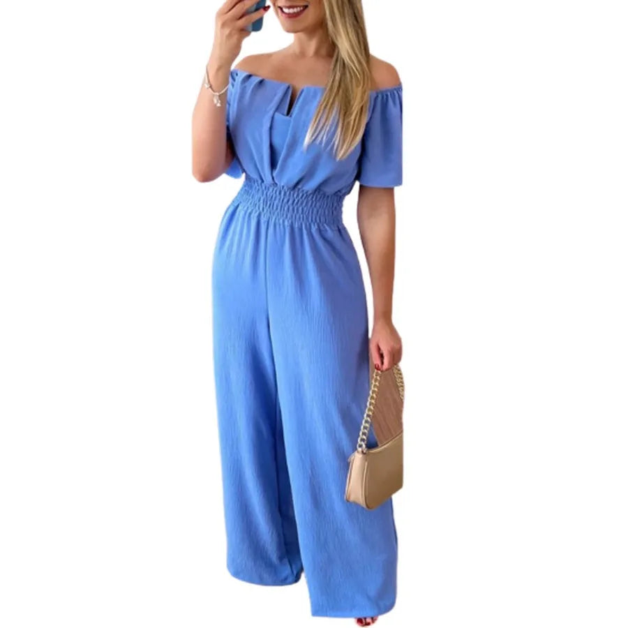 Off-Shoulder Shirred-Waist Wide-Leg Jumpsuit